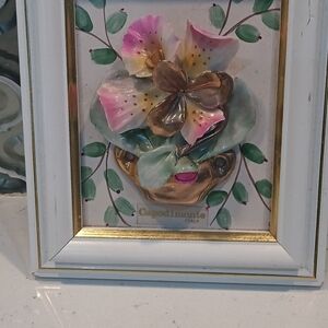 Capodimonte original painting, wooden frame, ceramic flowers applied on a cerami